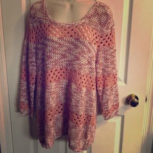 Salmon colored crocheted look sweater